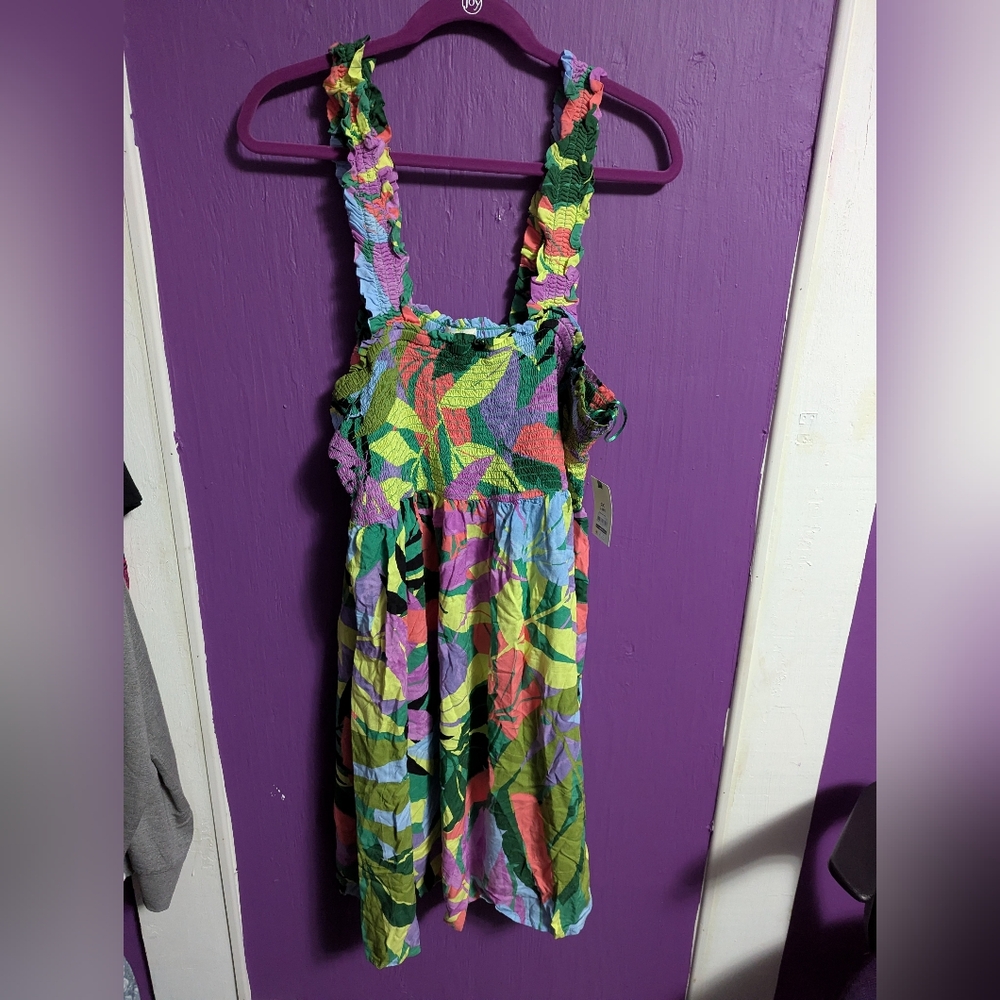 💜 NWT Terra & Sky Smocked Tropical Colorful Ruffle Tank Midi Dress 1X 14 16